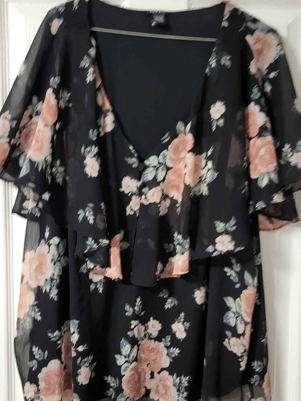 torrid Black Floral Ruffle V-Neck Blouse with Blush Roses